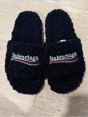 Balenciaga Black Sherpa Slide Slippers with White & Red Logo